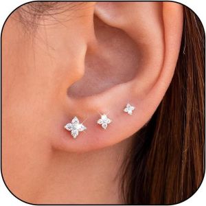 Meimie-3 Paires Boucles D¿Oreilles Argent 925 Pour Femme Fleur Piercings Oreille Cartilage,Zirconium Cubique 5a 3/4/5mm Clous Hypoallergéniques Avec Boîte Cadeau - Neuf