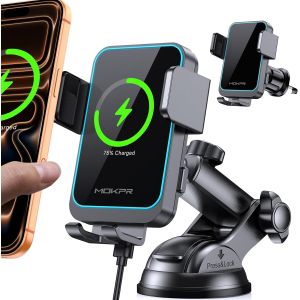 15W Support Telephone Voiture Induction, [Serrage Automatique] Chargeur Induction Voiture Rapide Pour Iphone 17/16/15/14/13/12 S&eacute;rie& Samsung S25/S24/S23/S22 (Noir) - Neuf