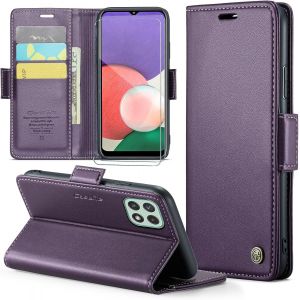Kal-Coque Pour Samsung Galaxy A22 5g/A22s+ 2 Pièces Verre Trempé,Antivol,Prend En Charge Le Chargement Sans Fil, Pochette Fermeture Magnétique Flip Case-Violet - Neuf