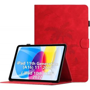 Kal-Coque Pour Ipad 11 Generation (A16) 11 Pouces 2025 / Ipad 10 Generation 10, 9 Pouces 2022 Housse De Protection Multi-Angles Étui En Cuir Pu Avec Fente Pour Carte, Auto Réveil/Sommeil, Rouge - Neuf