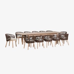 Set de table rectangulaire extensible Duala 250-310x105 cm et 12 chaises de salle &agrave; manger en bois d'acacia et corde tress&eacute;e Cap Marron Chocolat - Neuf