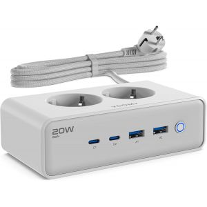 Multiprise avec Interrupteur & USB-C 20W Rapide, 2 USB-C, 2 USB-A, 2 Prises Secteur, Rallonge Electrique 2m, Multiprise parafoudre et surtension, Multiprise USB c id&eacute;al comme Bureau multiprise - Neuf