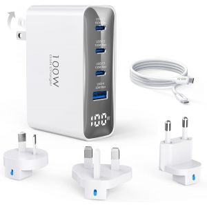 acdsgd-Chargeur de Voyage USB-C 100W, Adaptateur de Voyage Pliable &agrave; 4 Ports avec Prises UK/EU/AU, Charge Rapide pour MacBook Pro/Air, iPad Pro, pour iPhone 15/14/13, pour Galaxy 45W PPS, Blanc - Neuf