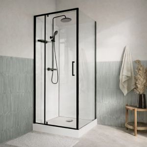 Cabine de Douche Carr&eacute;e 90x90 - Colonne Thermostatique Noire et Receveur Haut Effet Pierre - Neuf