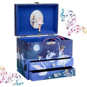 Boîte à Bijoux Musicale avec 2 Tiroirs de Rangement,Ballerine à Paillettes Bleu Marine-Mélodie Le Lac des Cygnes - Neuf