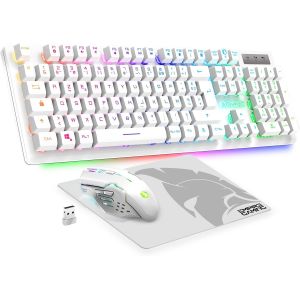Empire Gaming Armor RF800 Pack Clavier Souris Gaming Rechargeable sans Fil AZERTY (Français-Layout) RGB avec Tapis de Souris -Clavier 2.4G -Souris 4800 DPI -PC Playstation Xbox One/Series Mac - Blanc - Neuf