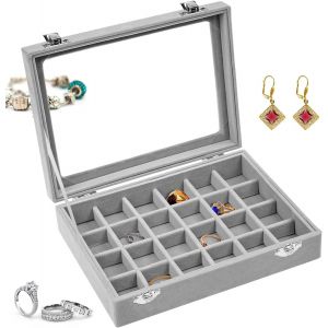 Tianyi-Boite A Bijoux En Velours Gris Avec 24 Compartiments, Rangement Bijoux Et Voyage Pour Bagues, Colliers, Bracelets, Boucles D'oreilles Et Montres - Neuf