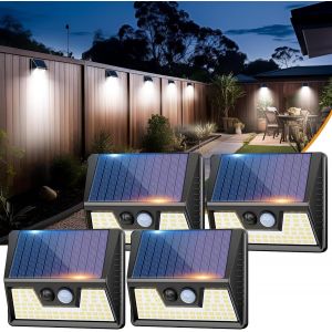 Lampe Solaire Exterieur Detecteur De Movement, Lot De 4 Lumiere Solaire Exterieur, Ip65 &Eacute;tanche 3 Modes Spot Solaire, 270&deg; Eclairage Exterieur Blanc Froid Applique Murale Pour Jardin, Garage - Neuf