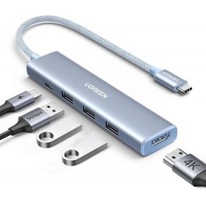Hub USB C HDMI 4K 100W PD Charge 3 Data Ports 5 en 1 Adaptateur Multiport Compatible avec iPhone 16 15 Série MacBook Pro Mac Mini M4 2024 iPad Air Surface Galaxy S24 Tab S9 Ultra (Bleu) - Neuf