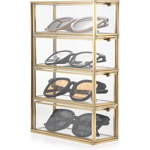 Kathlelxh-Boîte De Rangement Pour Lunettes De Soleil Avec 4 Tiroirs En Verre Doré Transparent 26 X 18 X 6,9 Cm[H1048] - Neuf