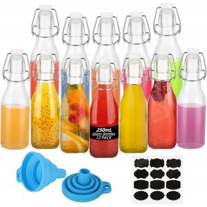Checarzhn--No1-Lot De 12 Bouteilles En Verre Avec Bouchons, 250 Ml, Bouteilles Hermétiques En Verre Avec Bouchon Basculant, Bouteilles De Conservation Avec Autocollants Et Entonnoir Pour Vin, Bière, Huile, - Neuf