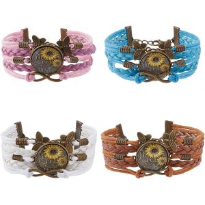 Kal-4pcs Bracelet Boh&egrave;me En Cuir Pu Tress&eacute; Avec Motif Tournesol 4 Couleurs Vintage Symbole Infini Papillon Breloques En Corde Bracelet &Agrave; Semelle Tournante Pour Femme - Neuf