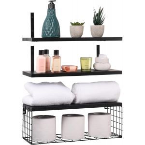 Cmwx-Lot De 3 Étagères Flottantes En Bois Noir U2013 42 Cm De Long U2013 Ensemble De Rangement Mural Rustique Avec Panier U2013 Étagères En Bois Pour Chambre À Coucher, Salon, Cuisine, Salle De Ba - Neuf