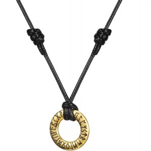 Kal-Collier Viking Runique Homme Nordique Viking Runes Acier Inoxydable Anneau Cercle Talisman Or Argent Noir Avec Cha&icirc;ne Cuir Noir Collier Homme Cadeau Bijoux Longueur R&eacute;glable 36cm-60cm - Neuf