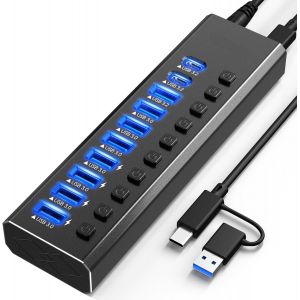 JGD-Powered Hub USB 3.2 &agrave; 10 ports USB 3.2/USB C (10 Gbps USB-A 3.2 + 2 ports USB-C 3.2 + 7 ports USB 3.0) avec interrupteurs marche/arr&ecirc;t individuels et adaptateur d'alimentation 12 V en aluminium p - Neuf