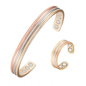 Bracelets En Cuivre Pour Femmes, Ensemble De Bracelet Et Bague Ajustables Tricolores Dor&eacute;s En Cuivre Pur &Agrave; 99 %, Bijou Magn&eacute;tique (0945srg0013) - Neuf