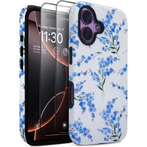 Blazeflux-Coque J.West Iphone 16 6.1" Avec 2 Protecteurs Ecran Verre Trempe Motif Fleurs Bleu Pour Femmes - Neuf