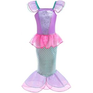 Ehnga-Deguisement Robe Princesse Ariel Costume De Sirène Pour Enfant Fille, Anniversaire Fete Halloween Carnaval, Taille 8-9 Ans (Étiquette En Tissu 160), Rose Chaud - Neuf