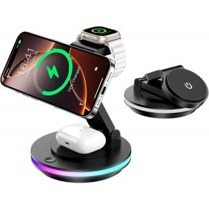 Cloudds-Mag Safe Chargeur 3 En 1 Pour Apple Watch Et Iphone,Pliable,Rotatif,Avec Réglage De La Lumière,Support De Charge Sans Fil,Support De Charge Mag Safe Pour Iphone 16/15/14,Airpods (Sans - Neuf