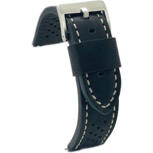 Kal-Bracelet Cuir Veau Lisse Perfor&eacute; Style Rally Racing U2013 Vintage U2013 Couture Noire, Blanche, Rouge Ou Bleue U2013 Tailles 20mm 22mm 24mm U2013 Noir U2013 Design Sportif Classique 398 - Neuf