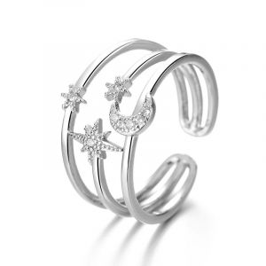 (Style 1) Bague En Argent Plaqué Soleil Étoile Croissant De Lune Pour Femmes Et Filles Avec Zircone Cubique Étincelante Délicate Et Extensible Pour Anniversaire De Mariage Cadeau Élégant - Neuf