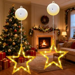 2 Pcs Rideau Lumineux Noël,Guirlande Lumineuse Fenêtre Noël,Led Rideau Lumineux Blanc Chaud À Piles Avec Ventouses - Étoiles[Z421] - Neuf