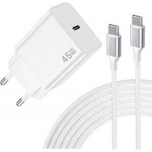 JGD-Chargeur USB C 45W pour Samsung, Adaptateur de Charge Rapide Compatible pour Galaxy S25/S24/S23/S22/A54/A34/A53, pour iPhone 17/16/15 avec C&acirc;ble Tress&eacute; de 2M 100W (Blanc) - Neuf