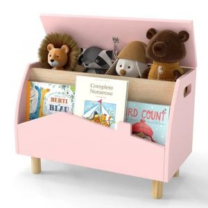 Coffre Jouet Costway En Bois, Couvercle Rabattable, Charnière De Sécurité, 60 X 30 X 44 Cm Rangement Livre Et Jouets Rose - Neuf