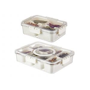 Ensemble De Plateaux De Service Compartiment&eacute;s Avec Couvercle - Plateaux &Agrave; 4 Et 8 Compartiments - Neuf