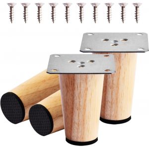 4 Pièces 8cm Pieds de Meuble Bois,Rechange Pieds de Canapé de Bois Massif avec Plaque de Montage,Vis et Tapis antidérapant,Pieds de Table Lit en Bois pour Sofa Armoire Chaise Fauteuil Meuble - Neuf