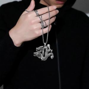 Usine Ventes Directes Style Chinois Rétro Dragon Motif Titane Acier Pendentif Domineering Double Dragon Hommes S Collier Personnalisé En Acier Inoxydable O - Neuf