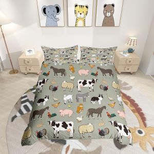 Sjzg-Vache Housse De Couette Dessin Anim&eacute; Chat Chien Cheval Parure De Lit 200x200cm Pour Chambre Enfants Collection Animaux De La Ferme D&eacute;cor Parure Housse De Couette Style Ferme 3pcs - Neuf