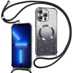 TRAHOO-Couqe Magn&eacute;tique pour iPhone 13 Pro Max Con Cordon, Compatible avec MagSafe, Brillant Glitter Paillet&eacute; Antichoc Etui Housse pour iPhone 13 Pro Max Anti-Poussi&egrave;re Soft TPU Bumper, Noir - Neuf