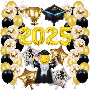 55 Pcs Ballons D&eacute;coratifs De F&ecirc;te De Remise Des Dipl&ocirc;mes 2025 Xxl, Ballon Noir Et Or En Latex Graduation D&eacute;corations De Remise De Dipl&ocirc;me 2025 Banni&egrave;re,Abi Chapeau De Diplome 2025 Ballons Aluminium - Neuf