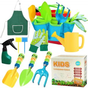 Kit Jardinage Enfant,Outils Jardinage pour Enfants de 10 Pièces avec Pelle,Râteau,Pulvérisateur,Arrosoir,Tablier,Gants de Jardinage et Sac de Transport - Neuf
