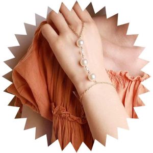 Kalsw-Perle Esclave Bracelet Boho Perle Doigt Bague Bracelet Mariée Mariage Esclave Bague Bijoux Pour Femmes Et Filles Événement Fête Saint Valentin Festival Cadeau (Or) - Neuf