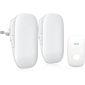 Sonnette sans Fil Exterieur Etanche avec 2 Récepteurs, IP55 Etanche Carillon 150 Mètres, 36 Mélodies et 4 Niveaux Volume, Indicateur LED, pour Maison, Hôtel, Blanc Kit de Sonnette sans Fil - Neuf