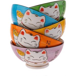 Eryi-- Coffret Bols Japonais Design Maneki Neko - 5 Bols À Riz Traditionnels Ø 11,5 Cm - 275 Ml - Chat Nippon Porte-Bonheur - Déco Japonaise - Idée Cadeau - Neuf