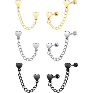 Kal-Hommes Boucles D'oreilles Coeur En Acier Inoxydable: Femmes Pendantes D'oreilles Cr&eacute;atifs De Coeur Et Cha&icirc;ne - Cr&eacute;ative Boucle D'oreille Cartilage Piercing - Adolescent D&eacute;coration - Neuf