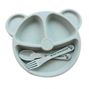3pcs/Set Petit Ours Enfants Assiette Set Vaisselle Cr&eacute;ative B&eacute;b&eacute; Grille Assiettes Petit-D&eacute;jeuner Fourchette Cuill&egrave;re Bleu - Neuf