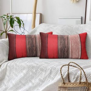Trahoo-Housse Coussin Rouge 30x50 Cm Taies D'oreiller D&eacute;coratif Canap&eacute; Lin Rayures Grange Structure Bois Orange Gris Pour Maison Balcon Relax Bureau Fauteuil Avec Fermeture Invisible Lot De 2 - Neuf