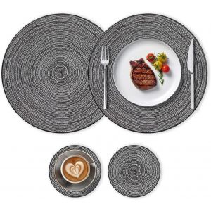 Eryi-Set De Table Lavable Rond, 2pcs Dessous Assiette ¿30 Cm 2pcs Dessous De Verre ¿11cm Sous Plat De Table Tressé Napperon Antidérapant Tapis Résistant À Chaleur Couleur Gris Porte Couverts Pour Cui - Neuf