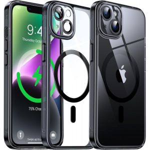 THEF-Coque Magnétique Transparente pour iPhone 14 (6.1'') avec Objectif Film, [Compatible avec MagSafe] [Protection Antijaune & Antirayure & Antichoc] Etui Housse Dur avec Silicone Bord, Noir - Neuf
