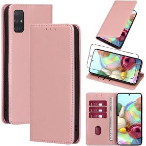 KAL-Coque Cuir Pour Samsung Galaxy A71 4G/5G 6.7"" Avec 1 Verre Tremp&eacute; Etui &Agrave; Rabat En Pu Porte-Cartes Portefeuille Support Flip Housse Magn&eacute;tique Antichoc Anti-Rayures Case,Rose-Gold - Neuf