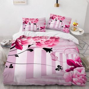 Housse De Couette Fleurs Papillons X Imprim&iquest;&iquest; D Fleurs Roses Parure De Lit Personnes Hypoallergique Microfibre Literie Pi&iquest;&iquest;Ces Avec Fermeture &iquest;&iquest; - Neuf