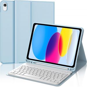 WQS-&Eacute;tui Clavier pour iPad 10e g&eacute;n&eacute;ration 10,9" 2022 - Clavier allemand QWERTZ avec fente pour stylo, &eacute;tui amovible sans fil pour iPad 10e g&eacute;n&eacute;ration, bleu clair - Neuf