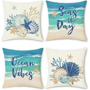 Cauc-Housse De Coussin &Eacute;t&eacute; C&ocirc;tier 45 X 45 Cm Coquille Corail &Eacute;toile De Mer Plage Polyester Lin D&eacute;coratif Taie D'oreiller Pour Canap&eacute; Salon Chambre Maison D&eacute;coration 4 Pi&egrave;ces - Neuf