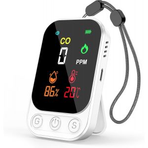 D&eacute;tecteur de Monoxyde de Carbone 3-en-1 - D&eacute;tecteur CO, Temp&eacute;rature et Humidit&eacute; avec Alarme de 85 DB, Portable, Rechargeable, Support et Trou de Fixation pour Maison, Voyage et Bureau - Neuf