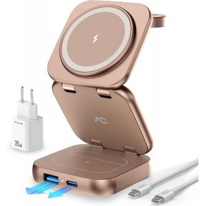 CMJAAGUR-Chargeur Induction Iphone Compatible Avec Mag-Safe, 5 En 1 Chargeur Rapide Sans Fil Pour Séries Iphone 16/15/14/13/12, Apple Watch, Airpods, Station De Chargeur Pliable - Titane Sab[M966] - Neuf