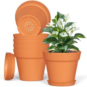 Lot De 6 Pots De Fleurs En Plastique Avec Trous De Drainage Et Plateau Pour Int&eacute;rieur Et Ext&eacute;rieur,Style Moderne Et D&eacute;coratif,12,7 Cm (Terre Cuite) - Neuf